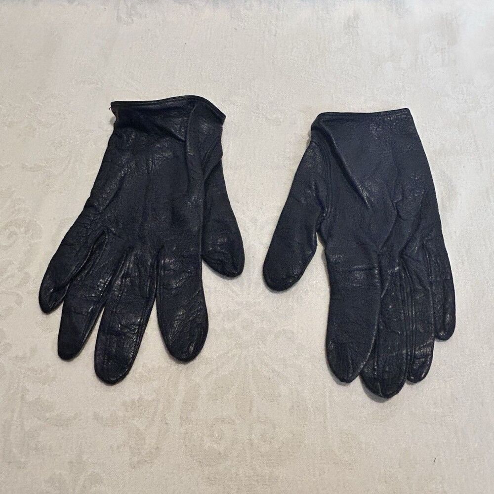 Vintage Van Raalte Black Leather Dress Gloves Size7 Table Cut Silk Lined Button